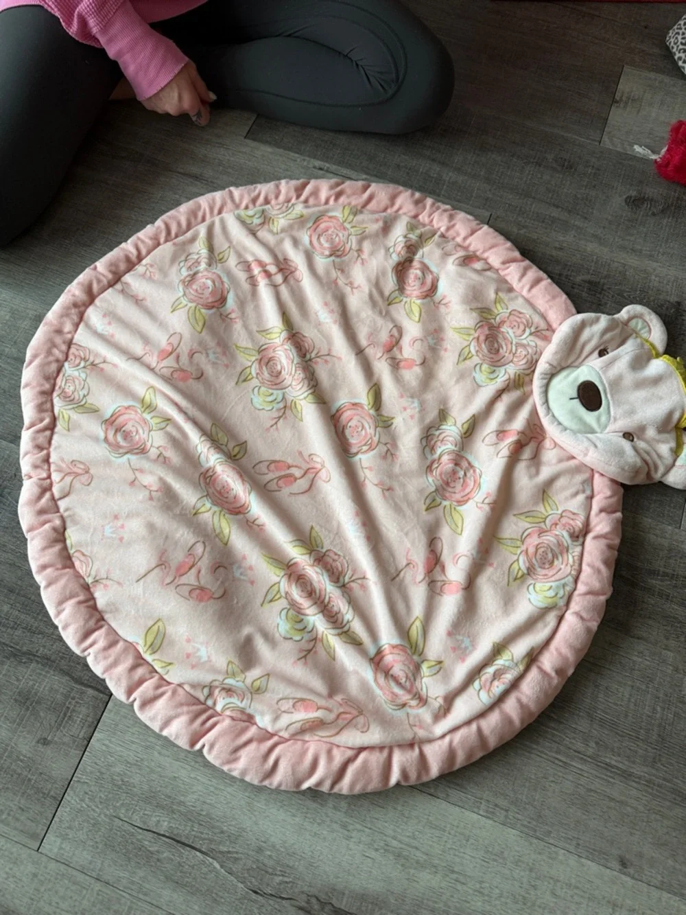 Plush Pink Floral Round Baby Play Mat with Animal Head